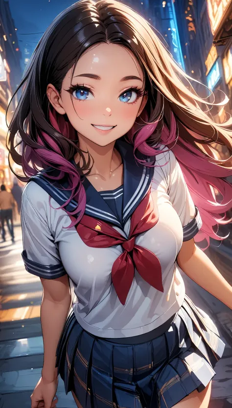 (highest quality:1.2, 4K, 8k, Very detailed, up to date, Vibrant, High detail, masterpiece:1.2, highest quality, Best aesthetics), (((1 girl))), jk, Sailor suit, Checked skirt, Open your mouth a little:1.2, smile, Dynamic Angle, Friendly atmosphere, Beauti...