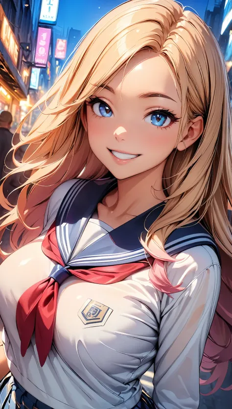 (highest quality:1.2, 4K, 8k, Very detailed, up to date, Vibrant, High detail, masterpiece:1.2, highest quality, Best aesthetics), (((1 girl))), jk, Sailor suit, Checked skirt, Open your mouth a little:1.2, smile, Dynamic Angle, Friendly atmosphere, Beauti...