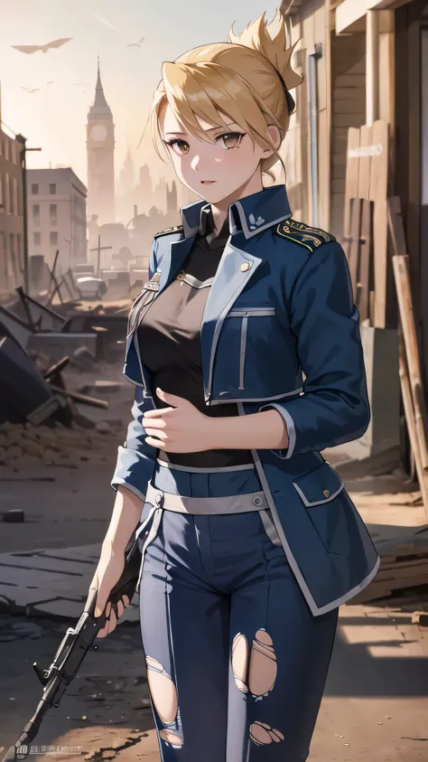 masterpiece, highest quality, High resolution, One Girl, Hamriz, Folded ponytail, Brown eyes, Mid-chest, uniform, Blue jacket, Blue pants, Are standing, Cowboy Shot, Outdoor, View your audience,He has a rifle., Has an assault rifle, Gunfight:1.5, masterpie...