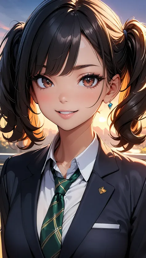 (highest quality:1.2, 4K, 8k, Very detailed, up to date, Vibrant, High detail, masterpiece:1.2, highest quality, Best aesthetics), (((1 girl))), jk, ((Black Hair, Twin Drill)), Brown Eyes, (Sharp Face), Glossy lips, smile, clavicle, Pretty face, (Small fac...