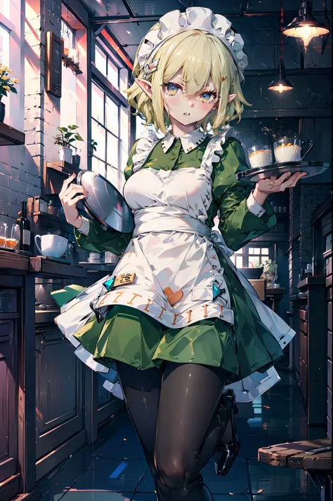 Ryurion, Ryu Lion, Blonde Hair, blue eyes, Fairy, Hair between the eyes, Pointy Ears, short hair, (Small breasts:1.2),
Break Apron, black pantyhose, dress, green dress, Long sleeve, Maid, Maid apron, Maid headdress, pantyhose, White apron,tray, tray in one...