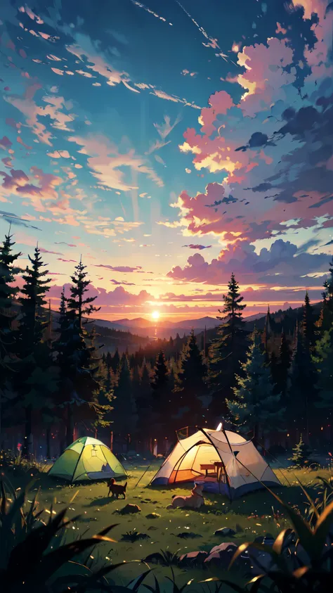 beautiful sunset, BREAK (masterpiece, best quality:1.2), outdoors, nature, forest, pines, grass, tall grass, detailed grass, plants, day, clouds, caravan, dog, tent, coffee