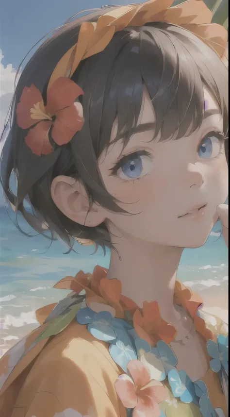 ((best quality)), ((masterpiece)), (detailed face and eyes:1.2), perfect face, short hair, wearing a muumuu, hawaii, flower neck...