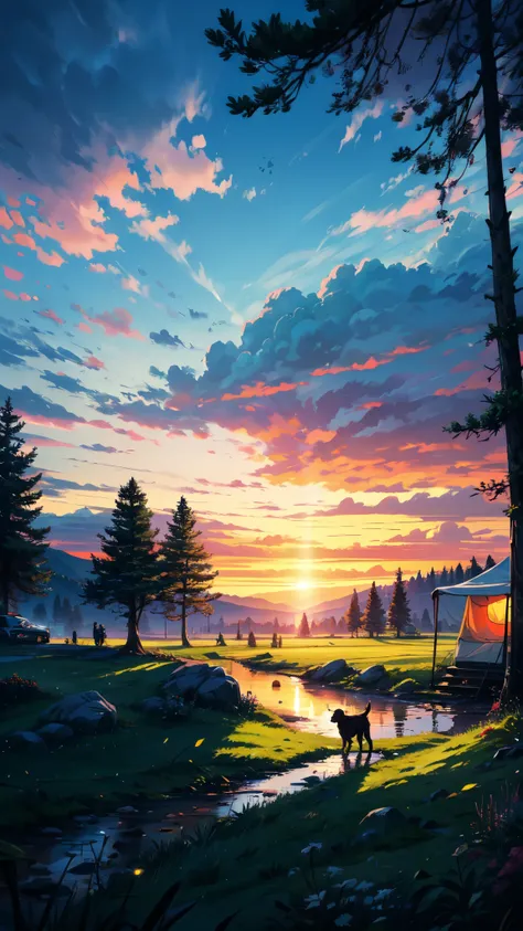 beautiful sunset, BREAK (masterpiece, best quality:1.2), outdoors, nature, forest, pines, grass, tall grass, detailed grass, plants, day, clouds, caravan, dog, tent, coffee