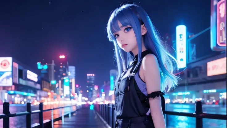 Neon night city、Gothloli girls、Sad look、Anime Style、Overall image、Light blue, clear eyes