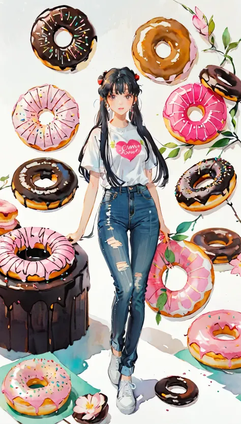 (((paper cutting style))), 1 girl, long black hair, straight hair, twin tails, doughnuts, shirts, denim