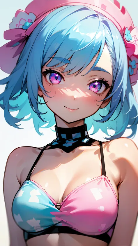 1 girl、8k、Sharp focus、(Bokeh) (highest quality) (Detailed skin:1.3) (Intricate details) (anime)、Light blue hair、Pink Eyes、Vibrant colors、black and white tube top bra、Gingham check tube top bra、My chest is a little visible、I was happy、Looks like a lot of fu...