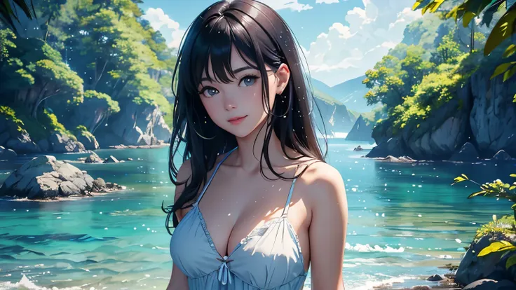 Sparkling waters and tranquil coastlines, Sunny sky with fluffy white clouds, Green trees along the coast々々々々, Pleasant sea breeze. shape,Young woman with dark hair, smile,Glitter effect,highest quality, 4K, 8k, High resolution, masterpiece:1.2, Very detai...