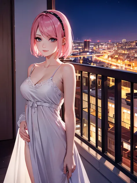 1 woman,Pink hair,short hair,Slight smile, on the balcony, white nightgown,at night, grey eyes, ultra detail,half body photo