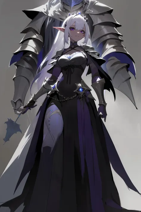 dark elf, her attire is a dress but also a knight&#39;s mail, her hair is styled strictly and roughly, hair color purple with da...