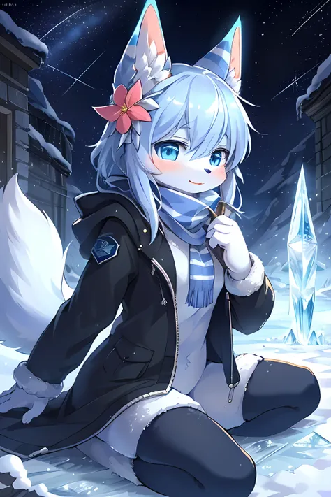 best quality,kemono, anime,kitsune,cute,female, full body,blue eyes,(winter_clothes:1.1),(down jacket:1.1),(striped_scarf:1.1),blue fur,white fur,wand,posing,(flower),in winter,star_trail,beautiful detailed glow,(detailed ice:1.4),(detailed snow:1.2),rubbl...