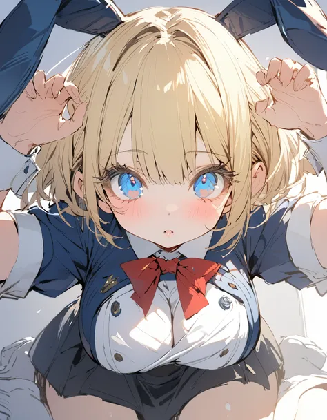 Masterpiece Japanese Anime（sketch:1.2）Navy blue original uniform (Little Girl:1.5), (blonde:1.5）(eyelash:1.2)eye shadow (Short Bob Hair:1.4), (Blue eyes)(Big Breasts:1.3)Bunny pose
