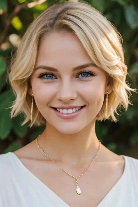 ２０A beautiful young woman、 White woman、Blonde Hair、Wavy Hair、Short Haircut、blue eyes、Ear piercing、Necklace around the neck、blouse、smile, Beautiful teeth alignment、Intricate details, Very detailed:1.2), 、 Looking at the camera,The background is the town

