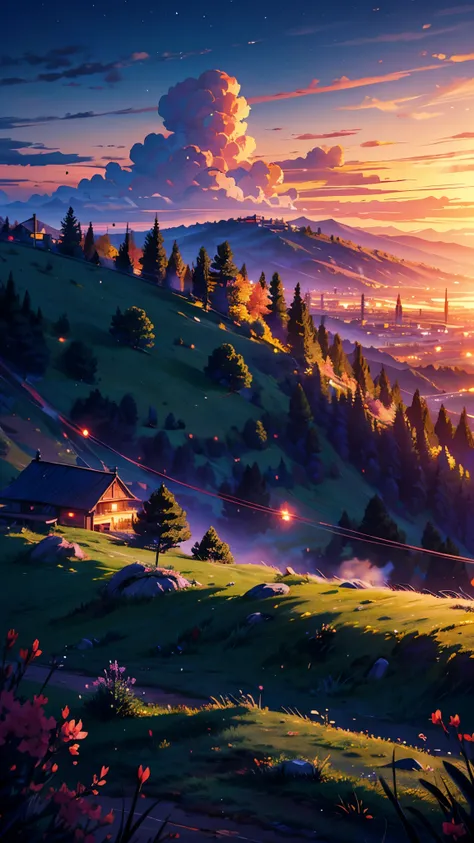 a beautiful detailed anime breathtaking evening landscape, on a hill overlooking a small town in the distance, glowing sky with warm sunset colors, detailed  features,  detailed background scenery, photorealistic, 8k, high quality detailed digital art