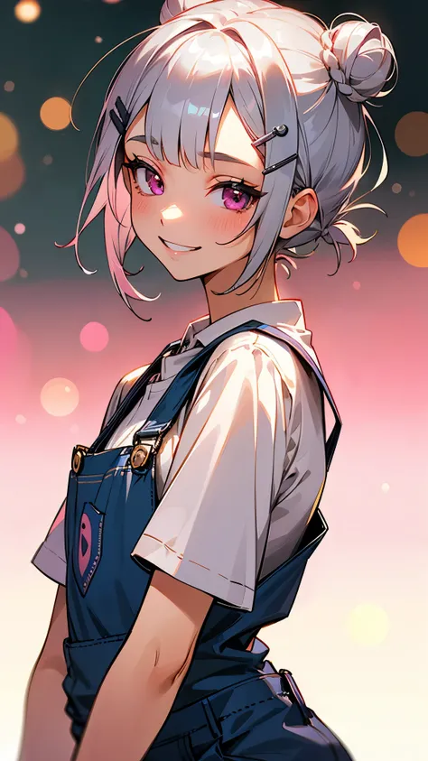 1 girl、8k、Sharp focus、(Bokeh) (highest quality) (Detailed skin:1.3) (Intricate details) (anime)、high school girl、Short silver bob hair tied in a bun with a hair clip, Pink Eyes、White T-shirt、 Overalls、Shorts、Grin、From the side、Upper body close-up