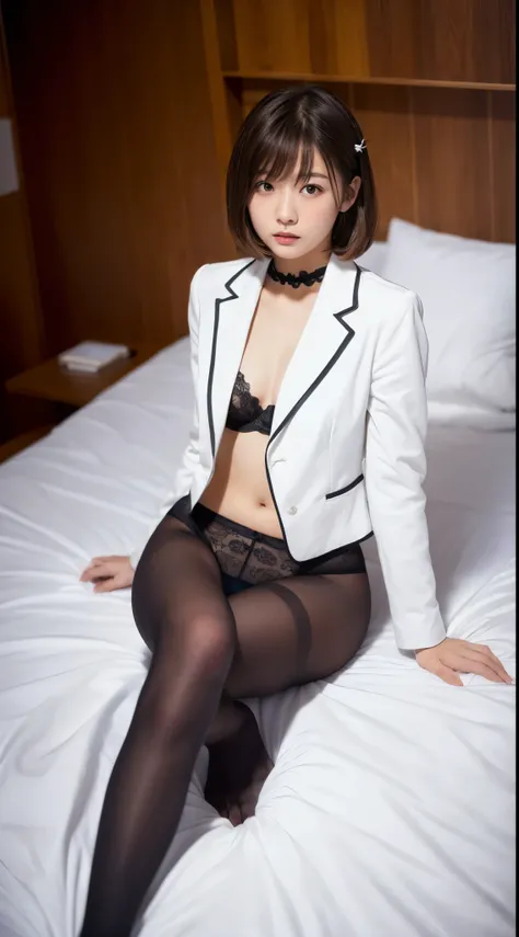 (((masterpiece))), (((highest quality: 1.4))), ((Very detailed: 1.4)) , (Full Body Shot), Front view, Symmetric, Mature Japanese , alone, (alone: 1.3), Thin legs, Head to toe, From above, Sitting, M-shaped legs, ), Small breasts, (Super realistic black pan...