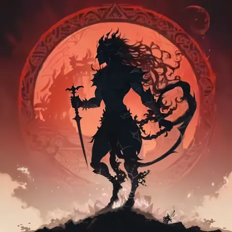 arafed silhouette of a man with a sword and a demon on a hill, tiefling, god shiva the destroyer, ancient demon summoning, shiva, avatar image, asura from chinese myth, lord shiva, 6 billion demons style, kitava, djinn man male demon, ruler of the demons, ...