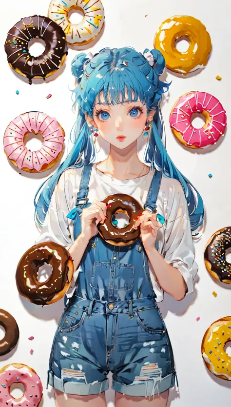 (((paper cutting style))), 1 girl, blue medium hair, curry hair, twin tails, doughnuts, shirts, denim