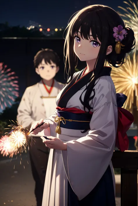 Takiuchi, Check it out,One Girl, Long Hair, bangs, Black Hair, (Purple eyes:1.2),Flower Hair Ornaments,hair tied back,smile,blush,Embarrassing,Blue Kimono,Blue long skirt,Sandals,日本のfestival，夏festivalの屋台、Red lantern,Fireworks in the night sky,Fireworks,The...