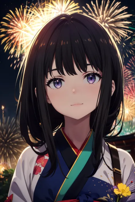 Takiuchi, Check it out,One Girl, Long Hair, bangs, Black Hair, (Purple eyes:1.2),Flower Hair Ornaments,hair tied back,smile,blush,Embarrassing,Blue Kimono,Blue long skirt,Sandals,日本のfestival，夏festivalの屋台、Red lantern,Fireworks in the night sky,Fireworks,The...