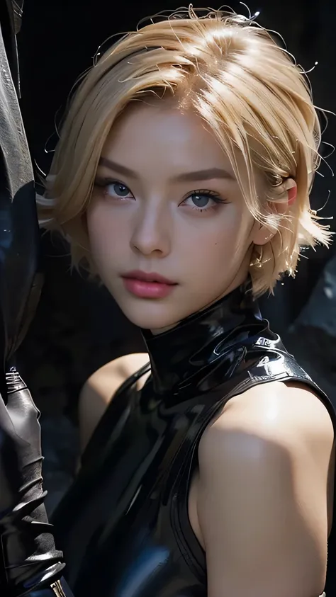 (((Face close-up))), sexy, ((Blonde short hair)), black eye, Excellent, (Black latex leotard), Black boots, Black gloves, 黒いHigh heel boots､ (Short blonde hair), Black latex leotard, (Black long boots), (Black Leather Gloves), High heel boots､((Portraiture...