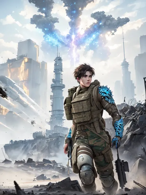 A highly detailed handsome male soldier with a backpack, hyper-realistic, cosmic powers, war-torn environment, intense action scene, cinematic lighting, dramatic composition, vibrant colors, photorealistic, intricate details, masterpiece