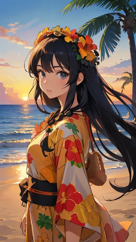 ((best quality)), ((masterpiece)), (detailed face and eyes), perfect face, long hair, black hair, wearing a muumuu, hawaii, flow...