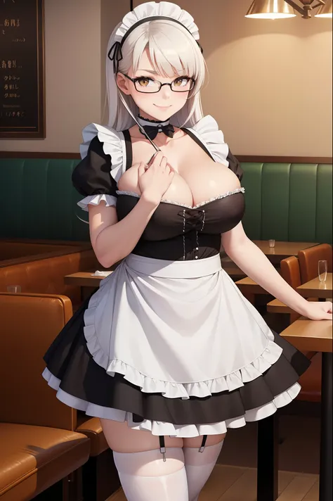 (masterpiece, best quality:1.4), illustration, 8k, hd, 1girl, solo, elegant_long_hair, white_hair, dress, white_thighhighs, no underwear, short_sleeves, frills, apron, brown_eyes, cleavage, metal_collar, anchor_choker, maid, white maid, ((big breast, glass...