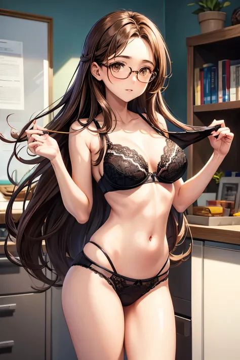 long brown hair，Brown eyes，Glasses，Girl，three point bra，underwear