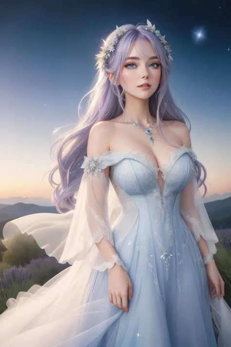 Captivating celestial beauty in an anime style, a radiant young woman, adorned with delicate heart-shaped halos, is portrayed with her eyes gazing upwards, lost in an ethereal dream. Her vibrant, sapphire-blue eyes are framed by long, flowing lavender hair...