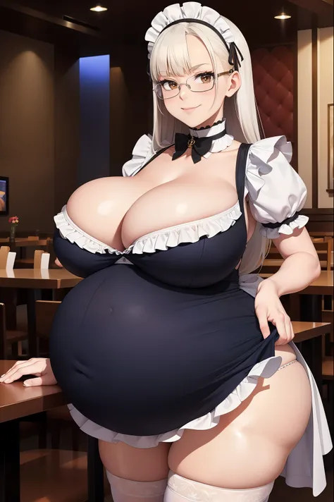 (masterpiece, best quality:1.4), illustration, 8k, hd, 1girl, solo, elegant_long_hair, white_hair, dress, white_thighhighs, no underwear, short_sleeves, frills, apron, brown_eyes, cleavage, metal_collar, anchor_choker, maid, white maid, ((big breast, glass...