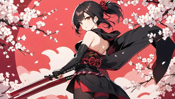 Female ninja with shoulder blades, Asian, Long black hair, Brown eyes, Hooded, tights, Ninja costume, Cherry blossom background, Japan