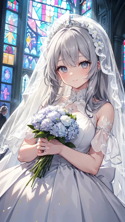 Very long hair、Gray Hair、Detailed sparkly eyes、Grey Eyes,smile、Embarrassing、shine、reflected light、Film Grain、masterpiece、Textured Skin、Super Detail、High Detail、high quality、最high quality、High Resolution、16k、shine、church,Veil,Wedding dress、race,Frills,hydra...