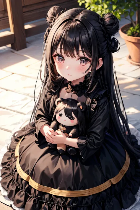 Long black hair, bun hair style, black eyes, little girl, princess dress, bear doll