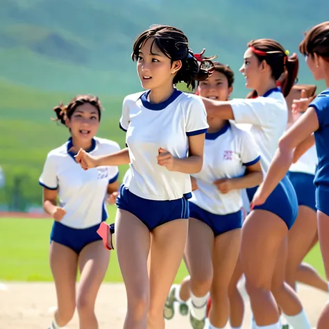 spring sports day,middle school,japan idol faces,wide-open legs,blue buruma,