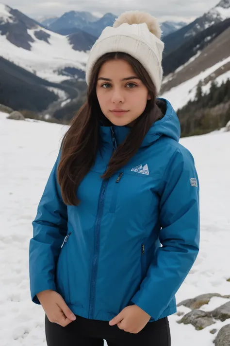 Girl dressed in expensive mountain clothing.  Color de cabello rubio con una cara linda., ojos azules perfectos. Body size B. High Definition Quality, 8k, mujer joven, 18 years old. obra maestra, foto realista, detalles intrincados, foto cruda, ultra detal...