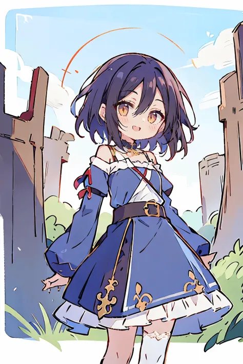 Hui Xiyi, Rekkyo Sensen, fantasy world, ruins, fort, beautiful sky, shining sky, sunshine, camisoles, belts, blue clothes, cross choker, wind blowing dress, lace dress, off-shoulder sleeves, white legwear, forehead, medium hair