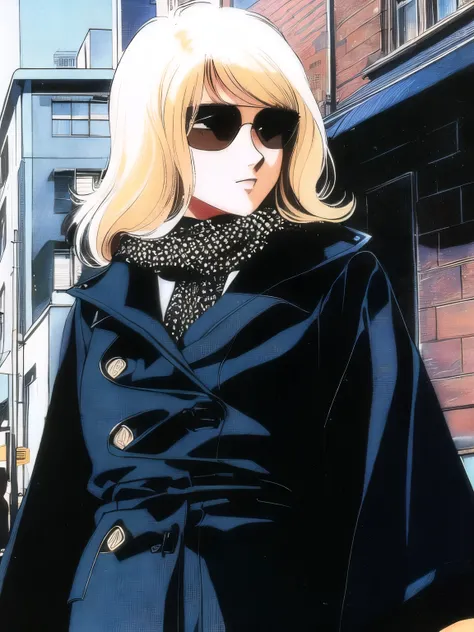 blond woman in black coat and scarf ,1990s (style), 1980s (style), retro artstyle, a girl,, best quality, masterpiece.