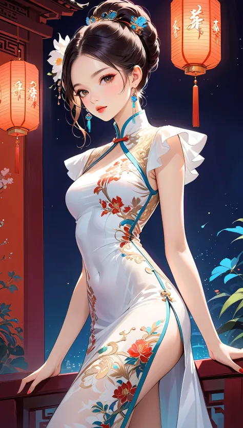 Sexy in Chinese cheongsam,illustration,High-end fashion,Beautiful and delicate eyes,Beautiful and delicate lips,Long eyelashes,Exquisite makeup,Vibrant colors,posture,Attractive background,stylized lighting,editing style,Chinese cultural elements,Exquisite...