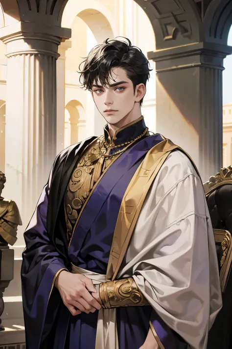 absurdres, highres, ultra detailed, masterpiece, best quality, 1 boy, looking at viewer, portrait, black hair, Roman toga, ancient Greek clothing, Roman nobleman, gold jewelry, necklaces, frowning, purple silk robe, Roman architecture, Fine details