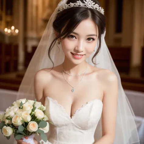 (kawaii face), (flat chest:1.2), happy smile, (Beautiful frills and lace cute wedding dress:1.3), (tiaras, necklaces, earrings), Ultra High Definition, Superior Quality, Premier Quality, ultra detailed, Photorealistic, 8k, RAW Photos, highest quality, mast...