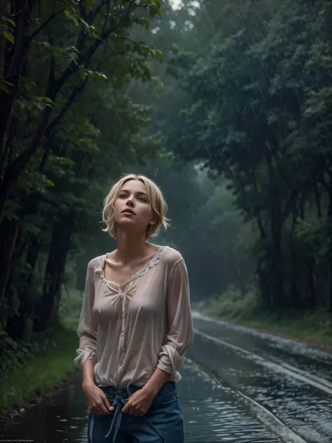 masterpiece, a half body shot of a beautiful european danish girl crying in a countryside road, rainy, trees around the road, wa...