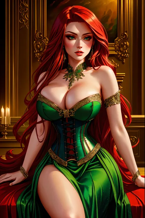 a woman with long crimson hair, wearing a long green dress with a leg slit, intricate corset, beautiful detailed eyes, beautiful detailed lips, extremely detailed face, longeyelashes, elegant pose, graceful movement, breathtaking, detailed and realistic, o...