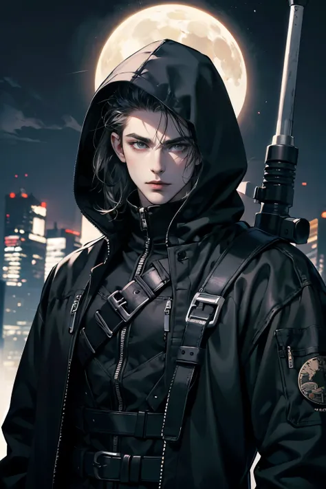 absurdres, highres, ultra detailed, masterpiece, best quality, 1male, looking at viewer, upper body, black techwear coat, hood, dark night city, brutal, detalized face, with buckle and tape, Carrying a weapon on his back, serious expression, vampire hunter