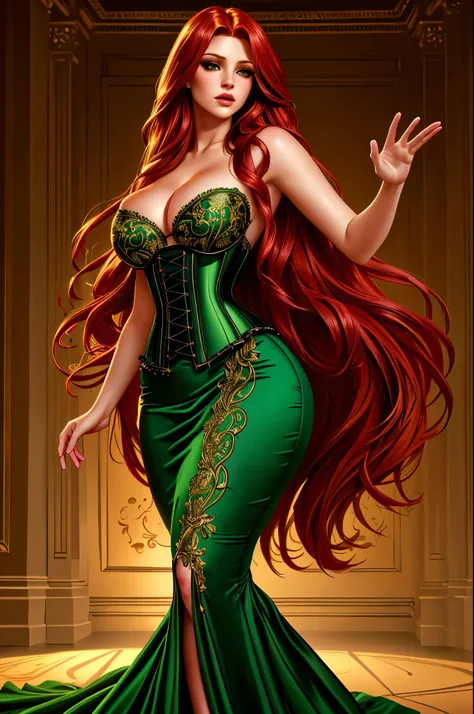 Jennifer Korbin with long crimson hair, wearing a long green dress with a leg slit, intricate corset, beautiful detailed eyes, beautiful detailed lips, extremely detailed face, longeyelashes, elegant pose, graceful movement, breathtaking, detailed and real...