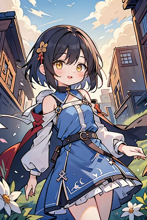 hui xiyi, rekkyo sensen, rekkyou sensen, fantasy world, ruins, fort, beautiful sky, shining sky, sunshine, camisoles, belts, blue clothes, cross, choker, black collar, nun, wind blowing dress, lace dress, off-shoulder sleeves, white legwear, medium hair, k...