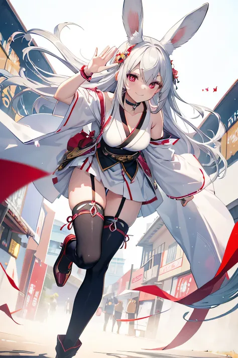 masterpiece, a rabbit, female, hopeful, grinning, running at full speed, wink, waving at the camera, front view, long hair, silver hair, red eyes, big eyes, fair skin, slender, bunny girl, japanese clothes, choker, long boots, with rabbit ears, at festival