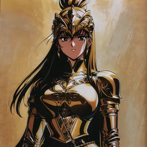 arafed woman in a gold armor with a sword and a helmet, beautiful female warrior, 1990s (style), 1980s (style), retro artstyle, a girl,, best quality, masterpiece.