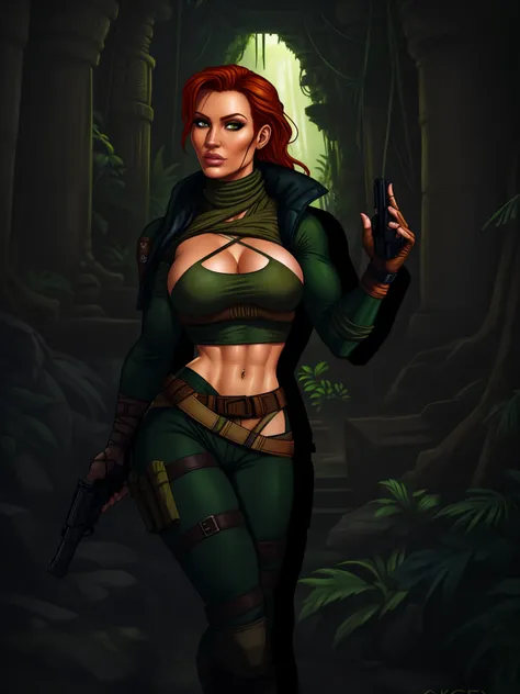 Jennifer Korbin, ginger hair, cosplaying lara croft, tan shorts, green top, jungle temple,