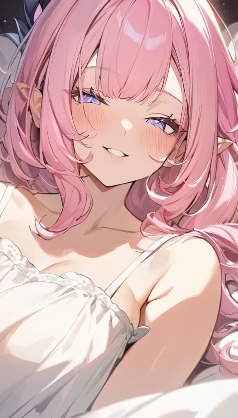 elysia, long pink hair, beautiful face,smiling,close up to hips, moderate breast, sleeping on beds, wearing beautiful white pajamas, (open mouth:0.4),illustration,detailed textures(realists),ultra-detailed,portrait style,vivid colors,soft lighting, blushin...
